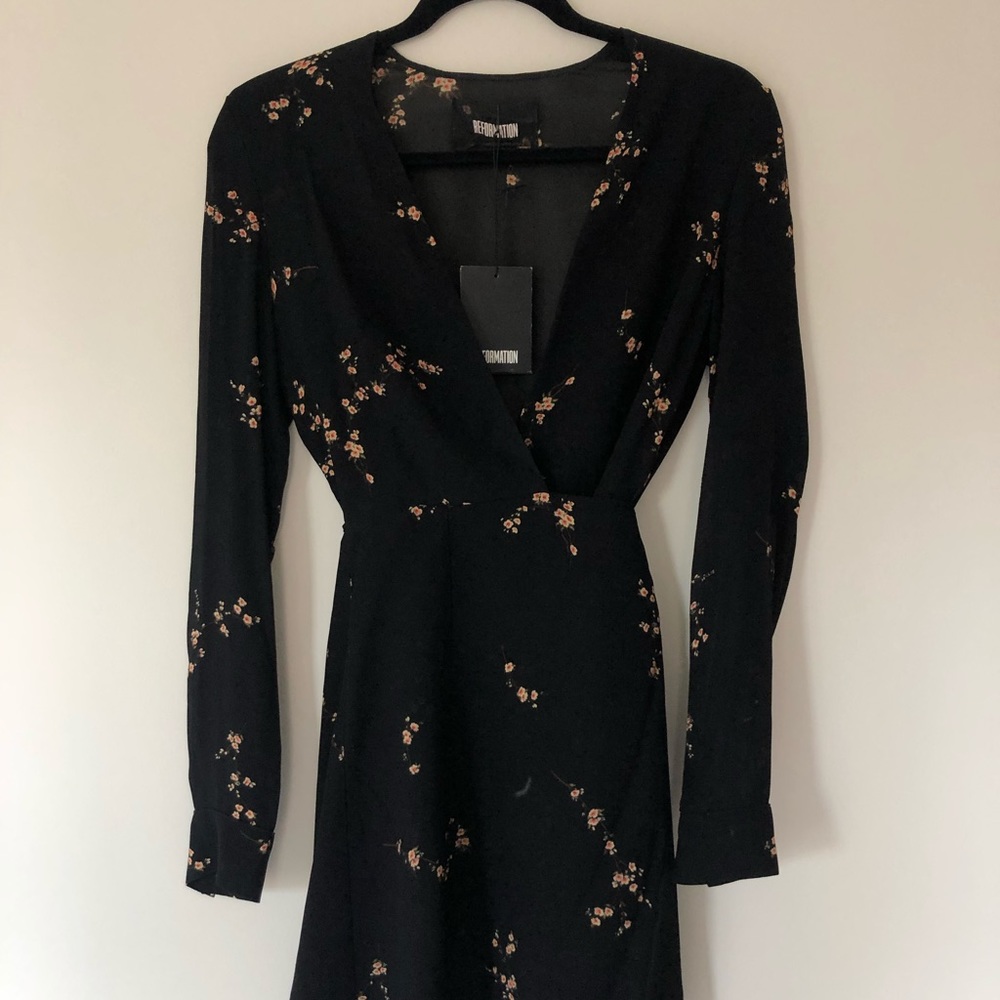 NWT Reformation S black floral wrap porter dress